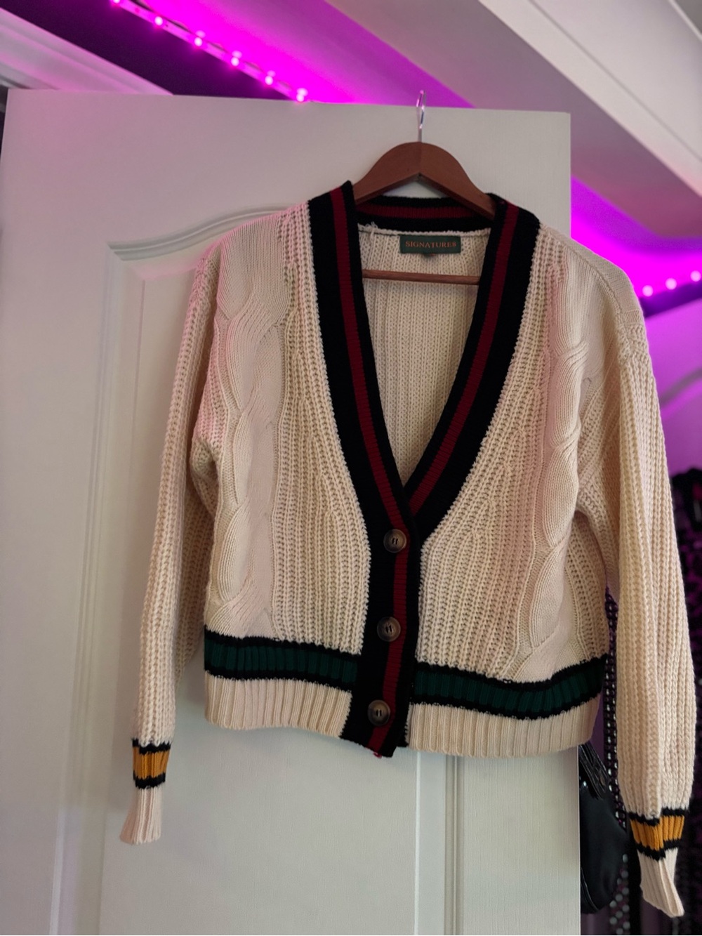Honey Black Red-Trim Cream Cable Knit Cardigan Sweater